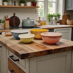 Melamine 4 Piece Nesting Mixing Bowl Camper Pattern Yellow Blue Orange Green